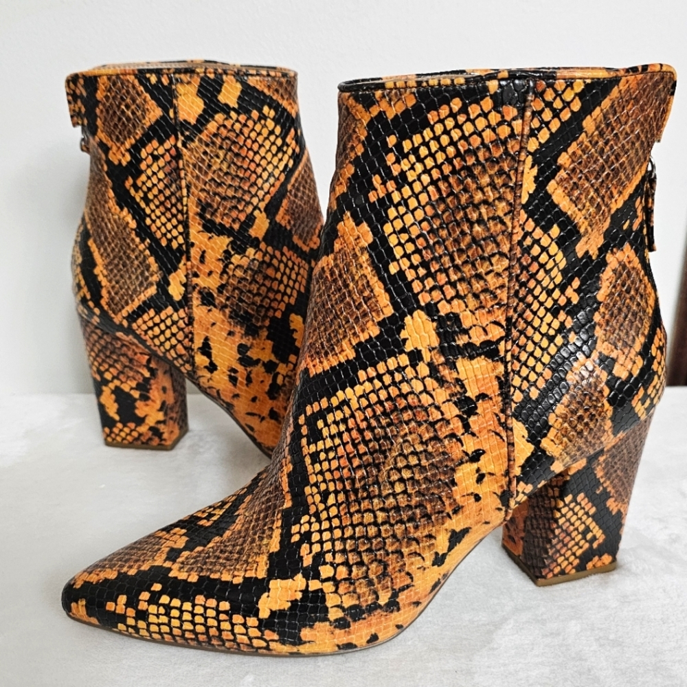 Steve Madden Retrograde Golden Yellow Snakeskin Print Block Heel Ankle Booties